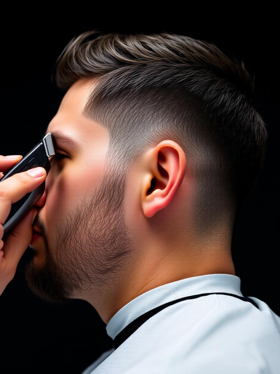 Barber shaping a beard lineup with a trimmer