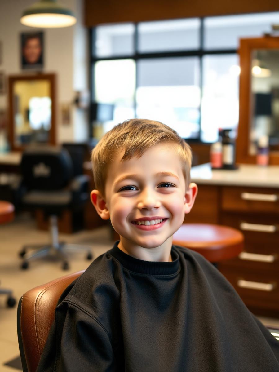 Young boy smiling in the barber chair after a fresh haircut