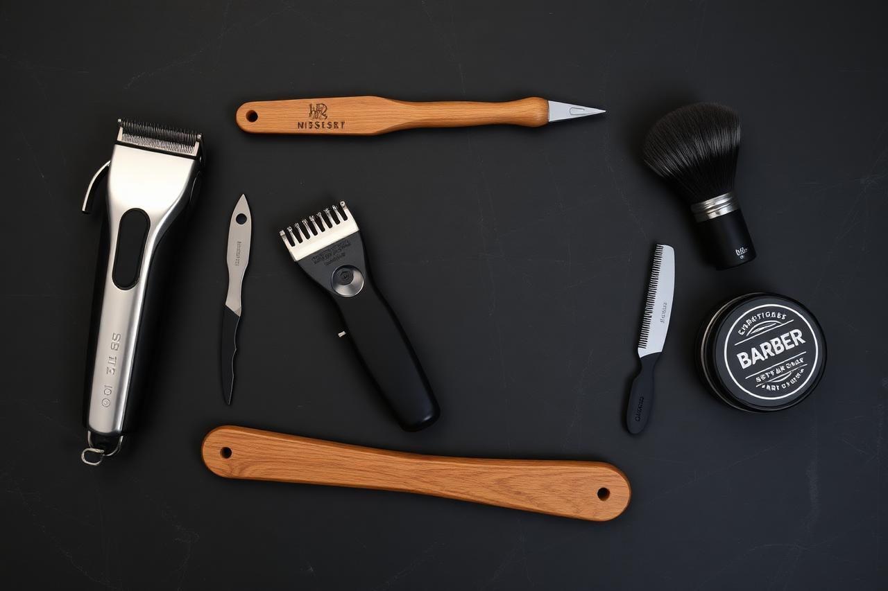Barber tools including clippers, trimmer, blades, comb and styling product